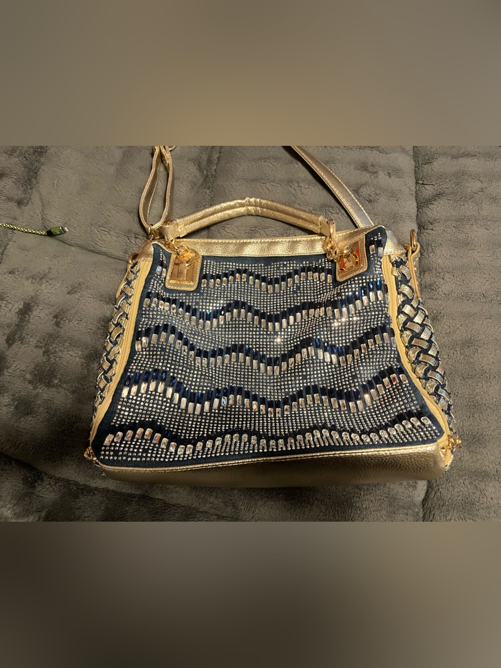Denim Gold Rhinestone Woven Crossbody Shoulder Bag Expandable Sides